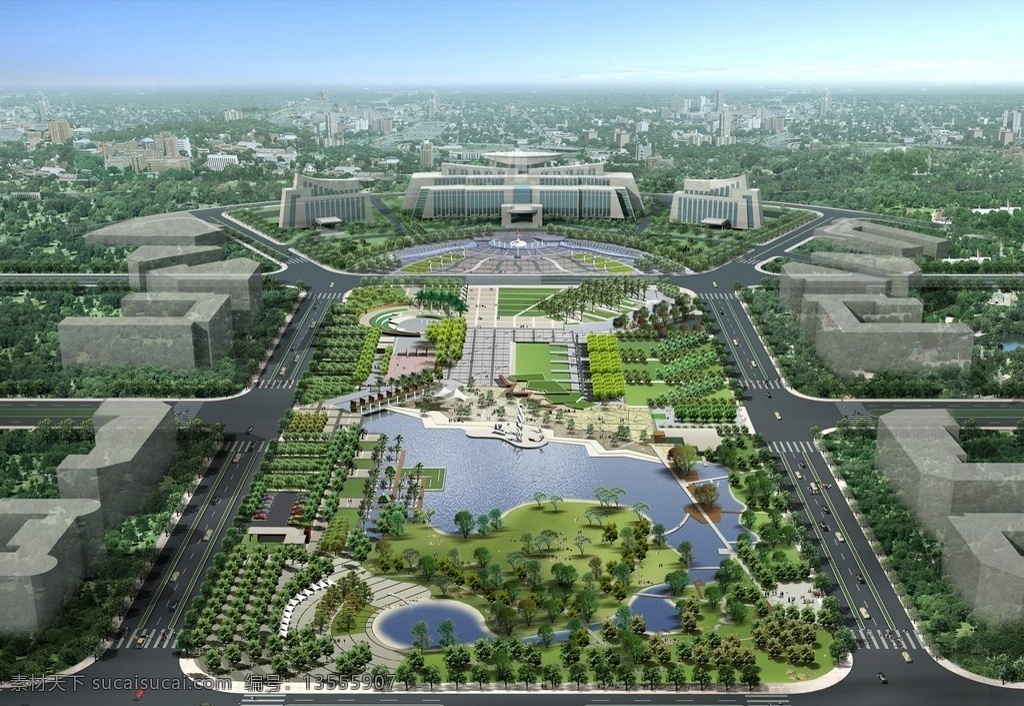 广场鸟瞰 广西钦州 广场 湖水 公园 马路 绿化 景观设计 环境设计