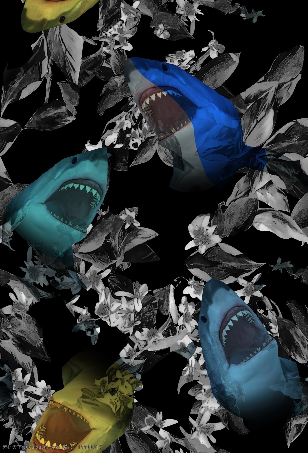 数码印花图片 数码印花 鲨鱼 叶子 大牌印花 多彩 生物世界 鱼类