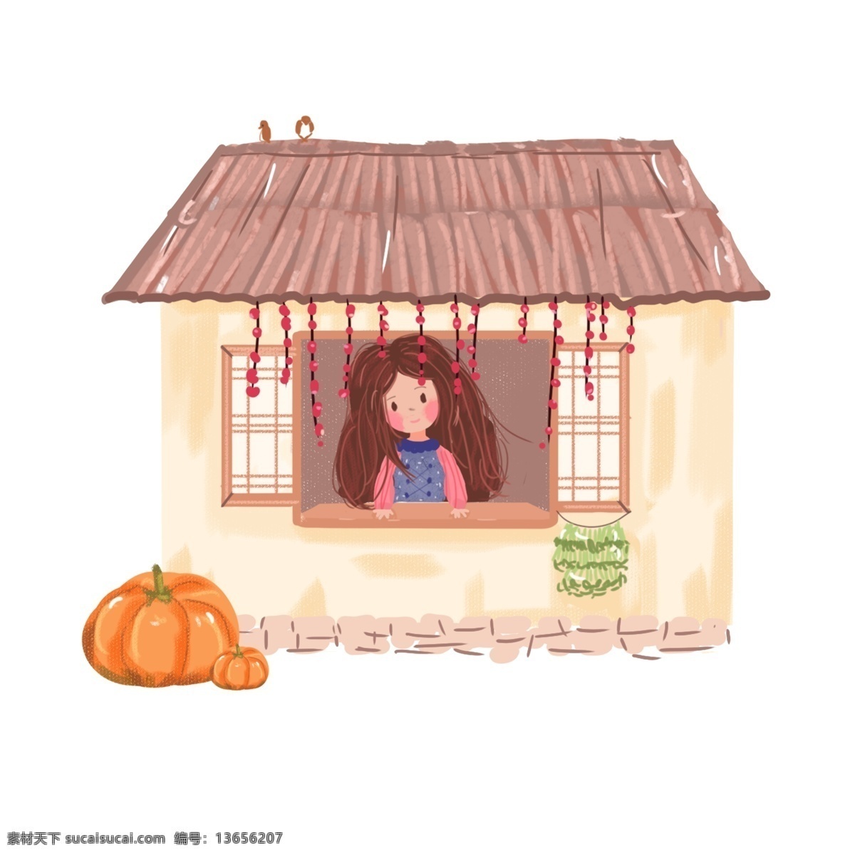 二十四节气 之秋 分 女孩 房子 南瓜 手绘 插画 元素 植物 秋分 花