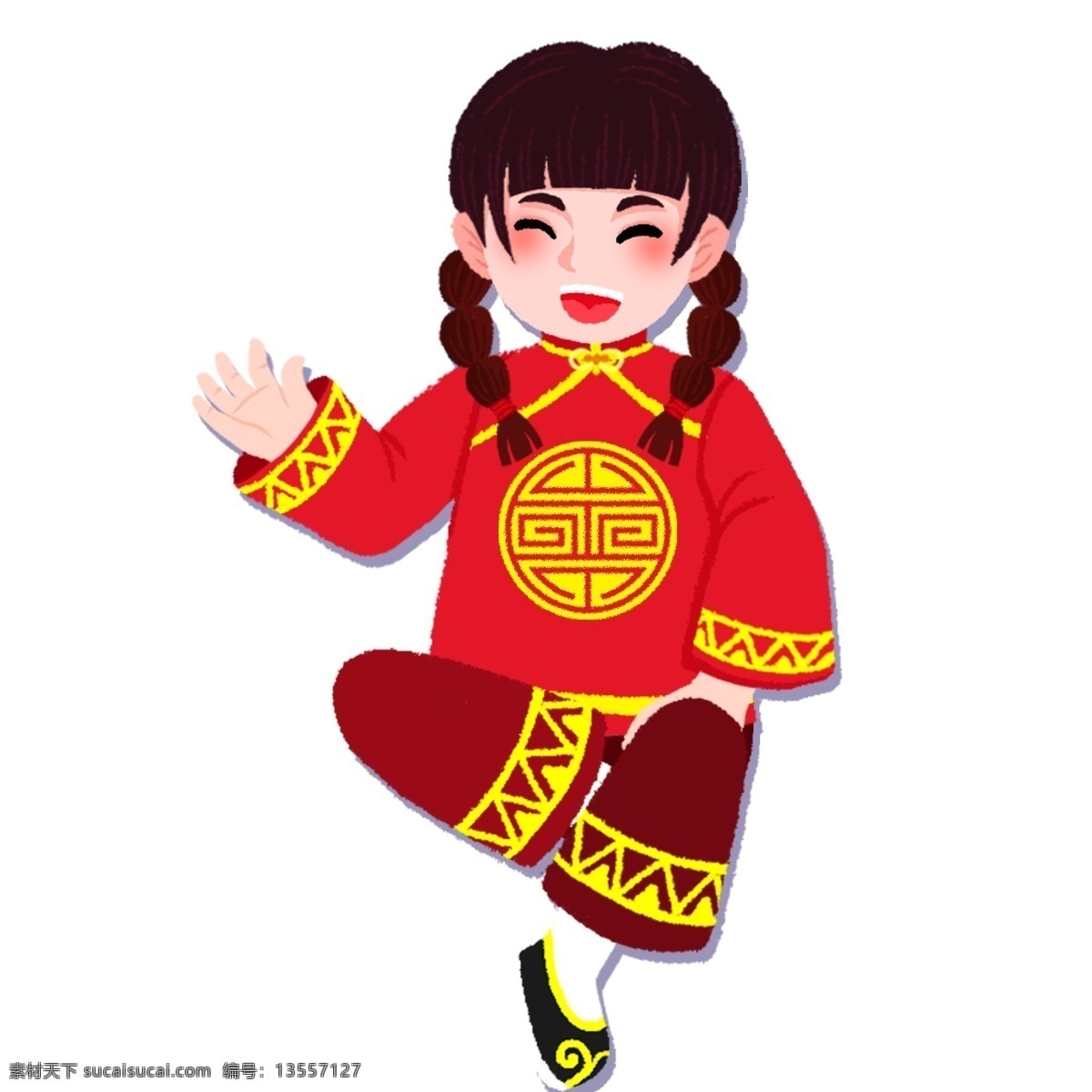 喜庆 过年 穿 新衣 女孩 春节 卡通 中国风 手绘 穿新衣 新春 猪年 新年