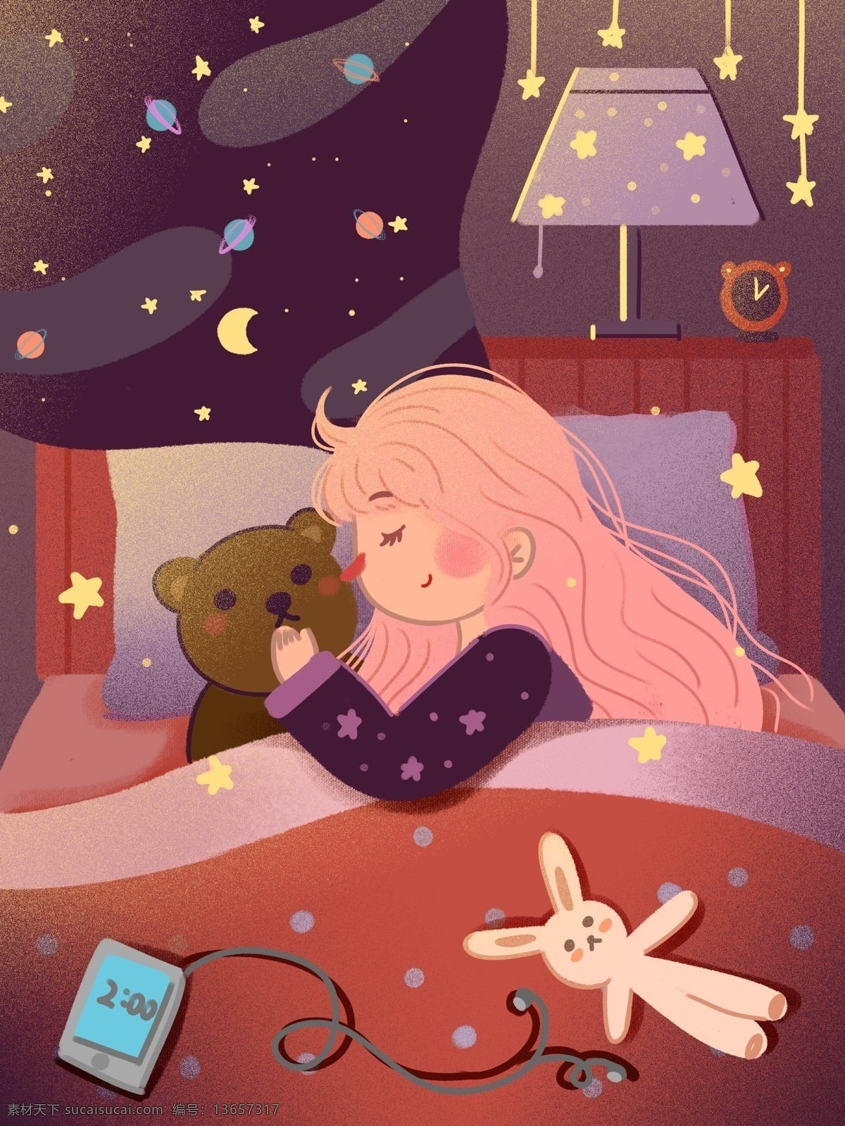治愈 星空 晚安 星语心愿 好 梦 抱 娃娃 入梦 床 兔子 手机 灯 心语心情 做梦 睡觉 入眠 夜晚 太空 儿童