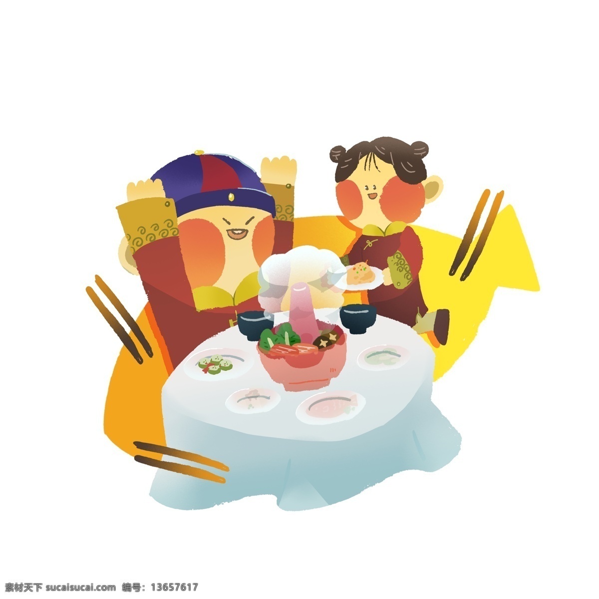 手绘 新年 卡通 年夜饭 2019 春节 手绘卡通 喜庆 红色 筷子 新年吃饭 中国传统节日 过新年 恭喜发财 红色系列