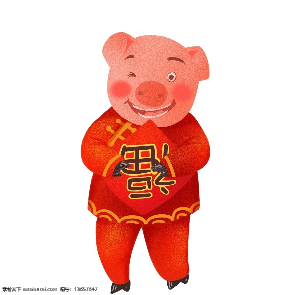 红色 喜庆 过年 福字 贺岁 小 猪 中国风 春节 插画 新春 新年 猪年 2019年 小猪形象 猪年形象 小猪