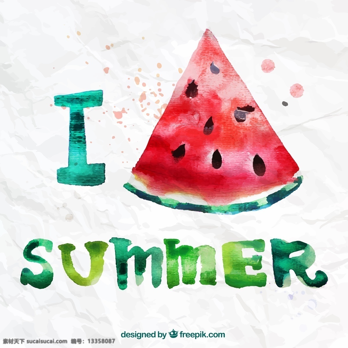 我爱 夏天 水彩 西瓜 矢量图 水果 纸张 褶皱 summer 白色