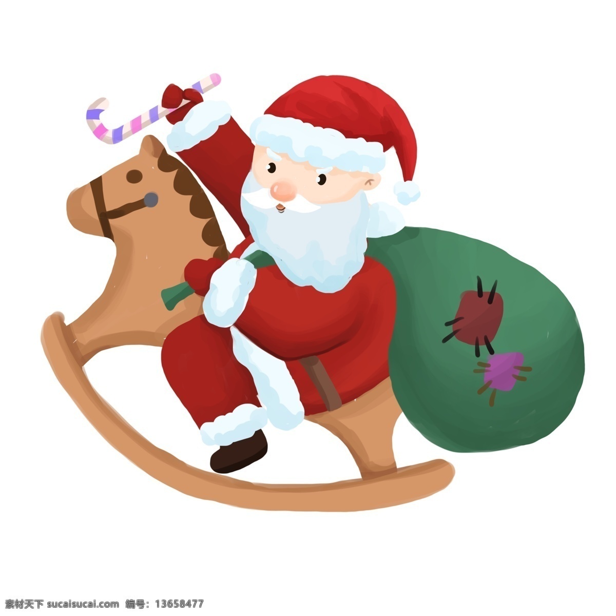 圣诞 红色 唯美 元素 插画 圣诞老人 圣诞节 骑木马 木马 圣诞爷爷 送礼物 礼物 西方节日 清新 可爱
