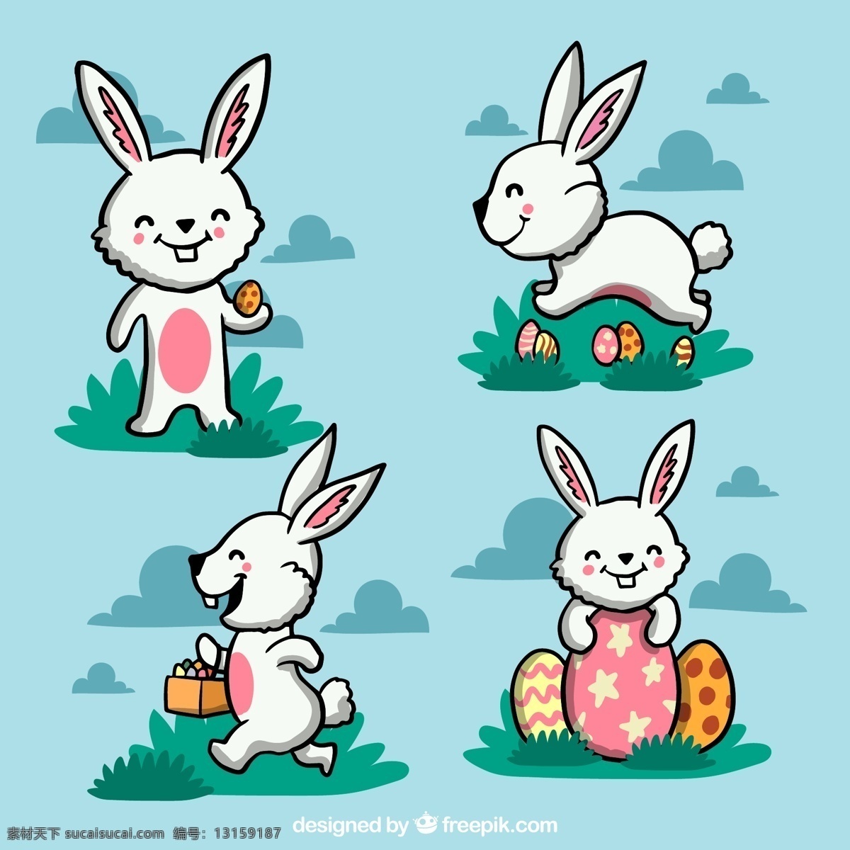 款 可爱 小 白兔 矢量 草地 云朵 复活节 菜单 兔子 动漫动画 动漫人物