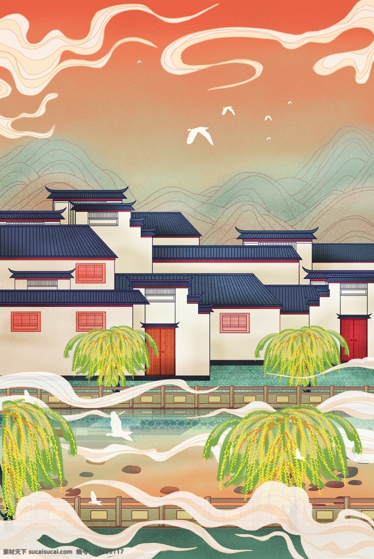古风 建筑 手绘 插画 卡通 古风建筑 手绘插画 中国风 古风插画 分层