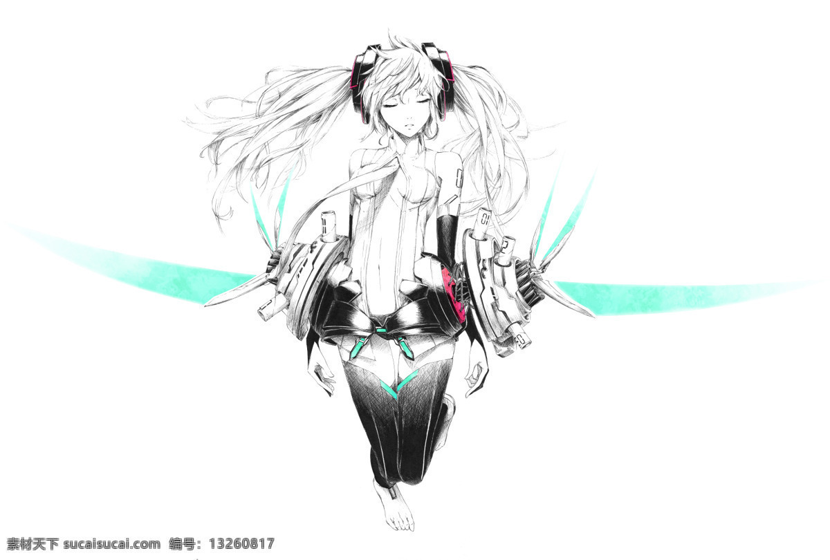 黑白 初 音 少女 手绘 初音 卡通 动漫 可爱