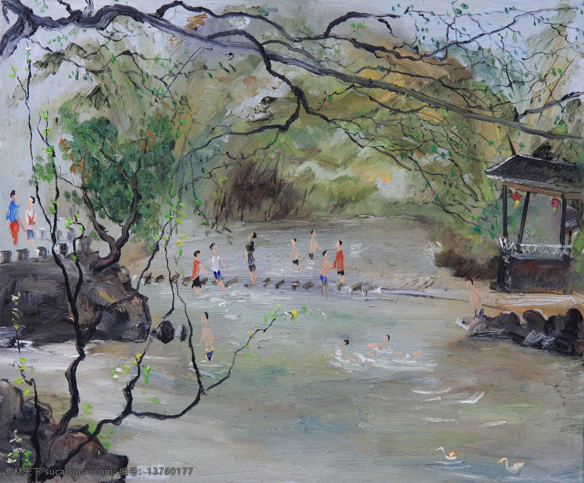 风景 绘画书法 美术 树木 亭子 文化艺术 溪流 乡间小景 油画 乡村 游人 油画艺术 油画作品48 家居装饰素材