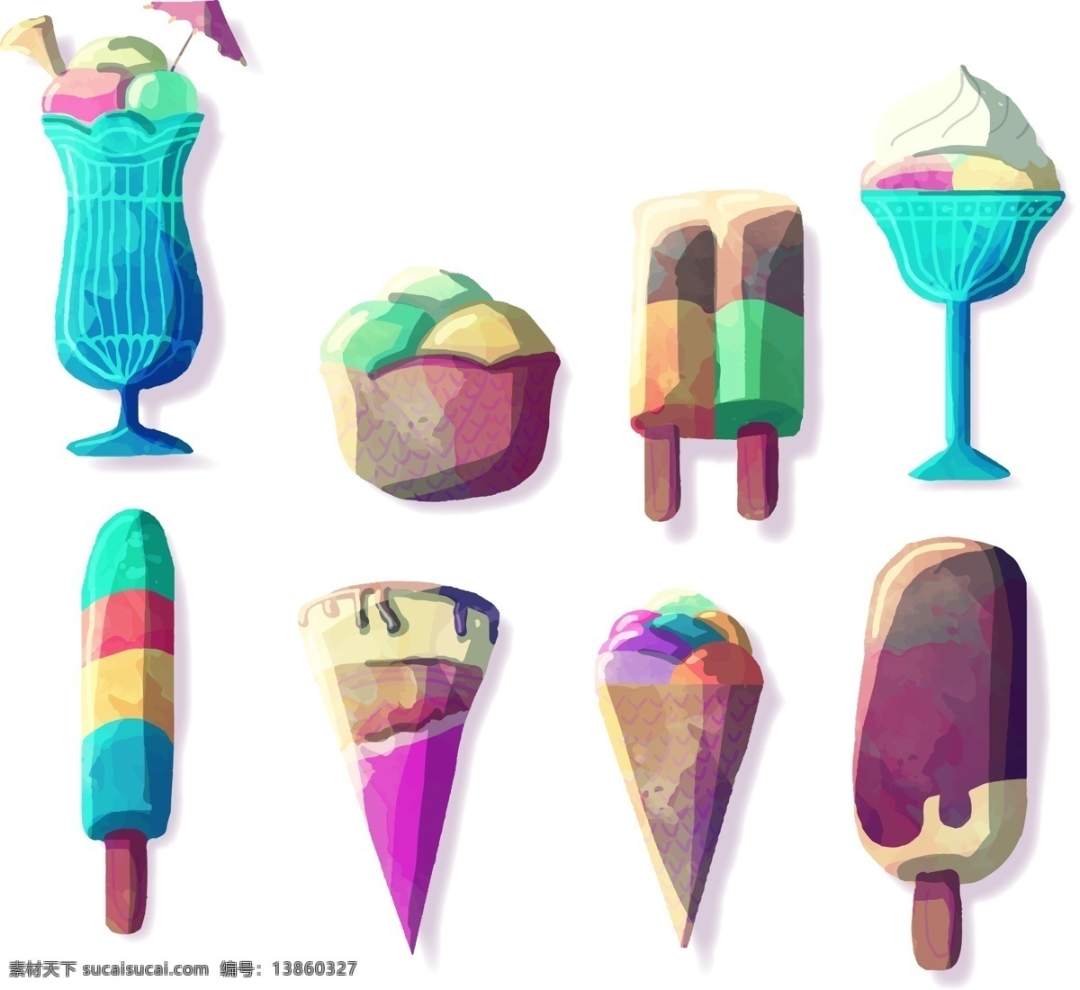 手绘 彩色 冰淇淋 元素 矢量 彩色冰淇淋 夏季冷饮 ai元素 免扣元素