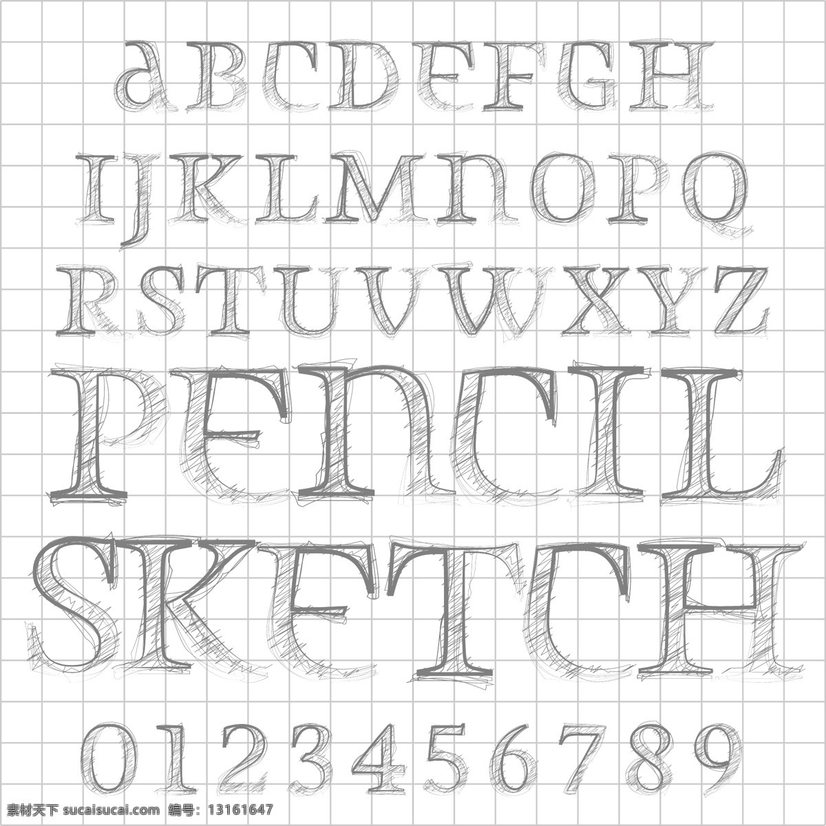 素描 数字 字母 创意 英文字母 英文 艺术字体 书画文字 文化艺术 矢量素材 白色