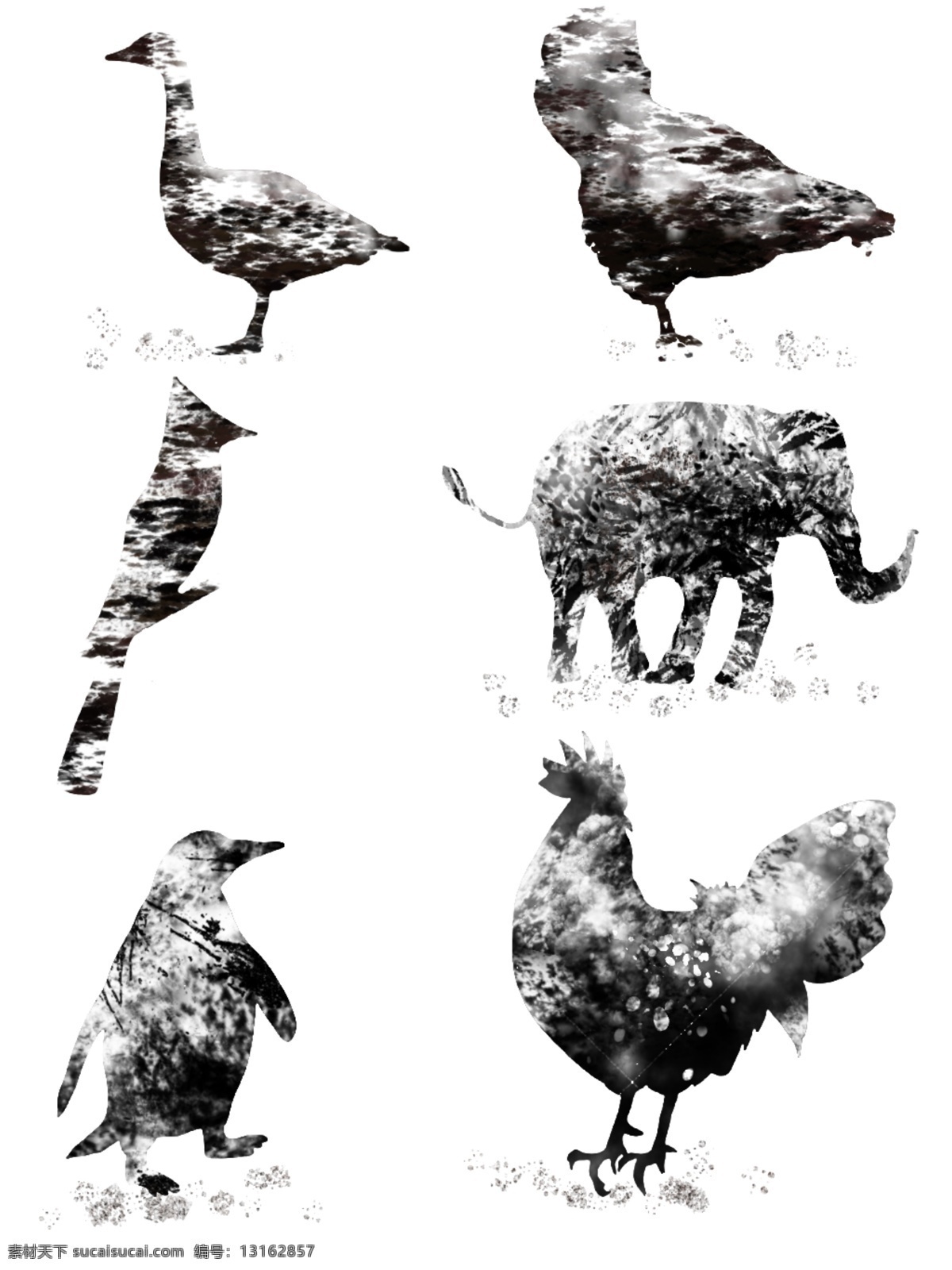 手绘 中国 风 黑白 水墨画 动物 集 商用 免 扣 中国风 企鹅 鸡 大象 水墨 木鸟 公鸡 鸭子