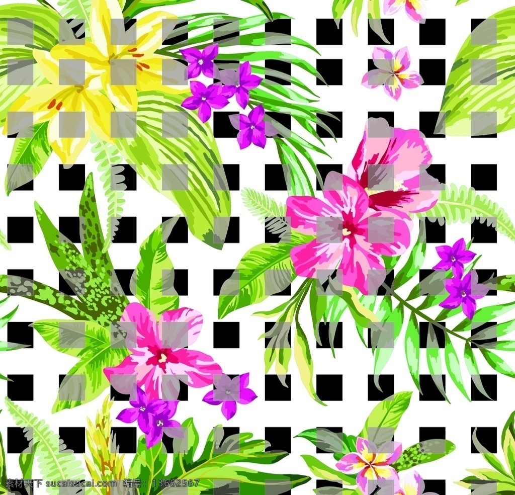 格子 水彩 花卉图片 手绘花 手绘花图案 手绘花背景 乱花 花卉 花卉背景 手绘图案 数码印花 分层
