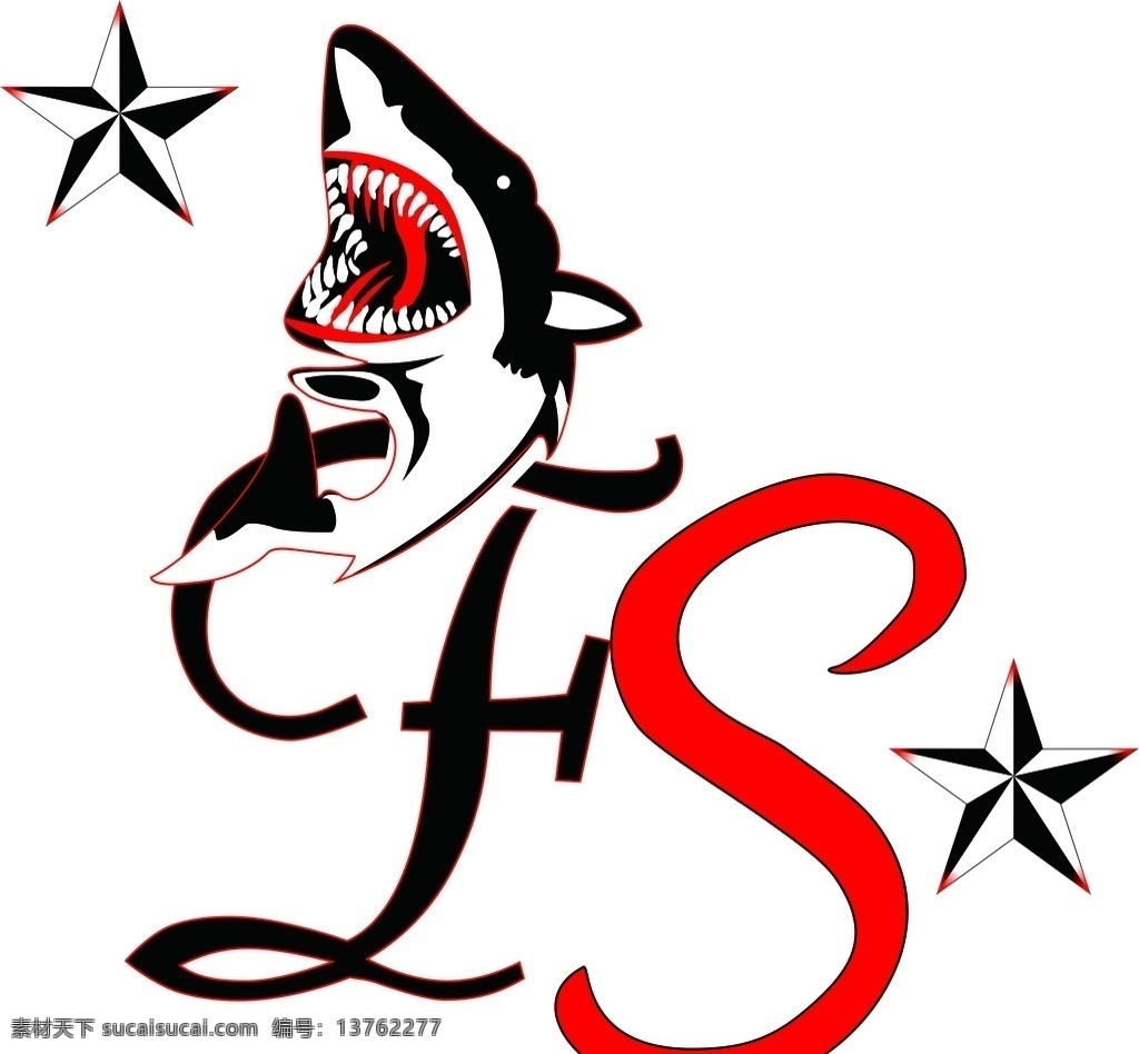 印花鲨鱼胸标 鲨鱼 字母 五角星 胸花 组合 标志图标 其他图标