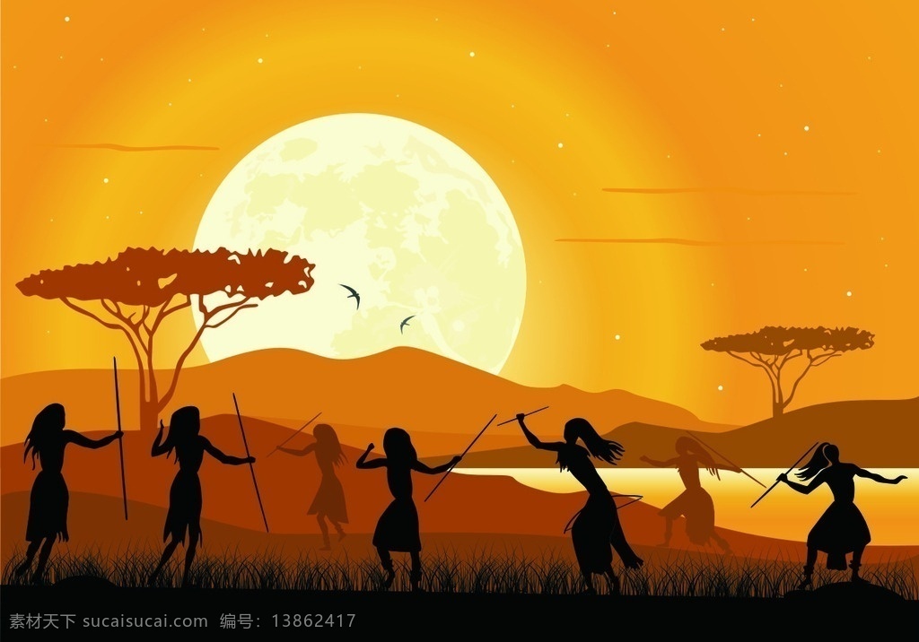 夕阳 下 非洲 人物 太阳 日落 夕阳西下 人物剪影 矢量素材 卡通设计