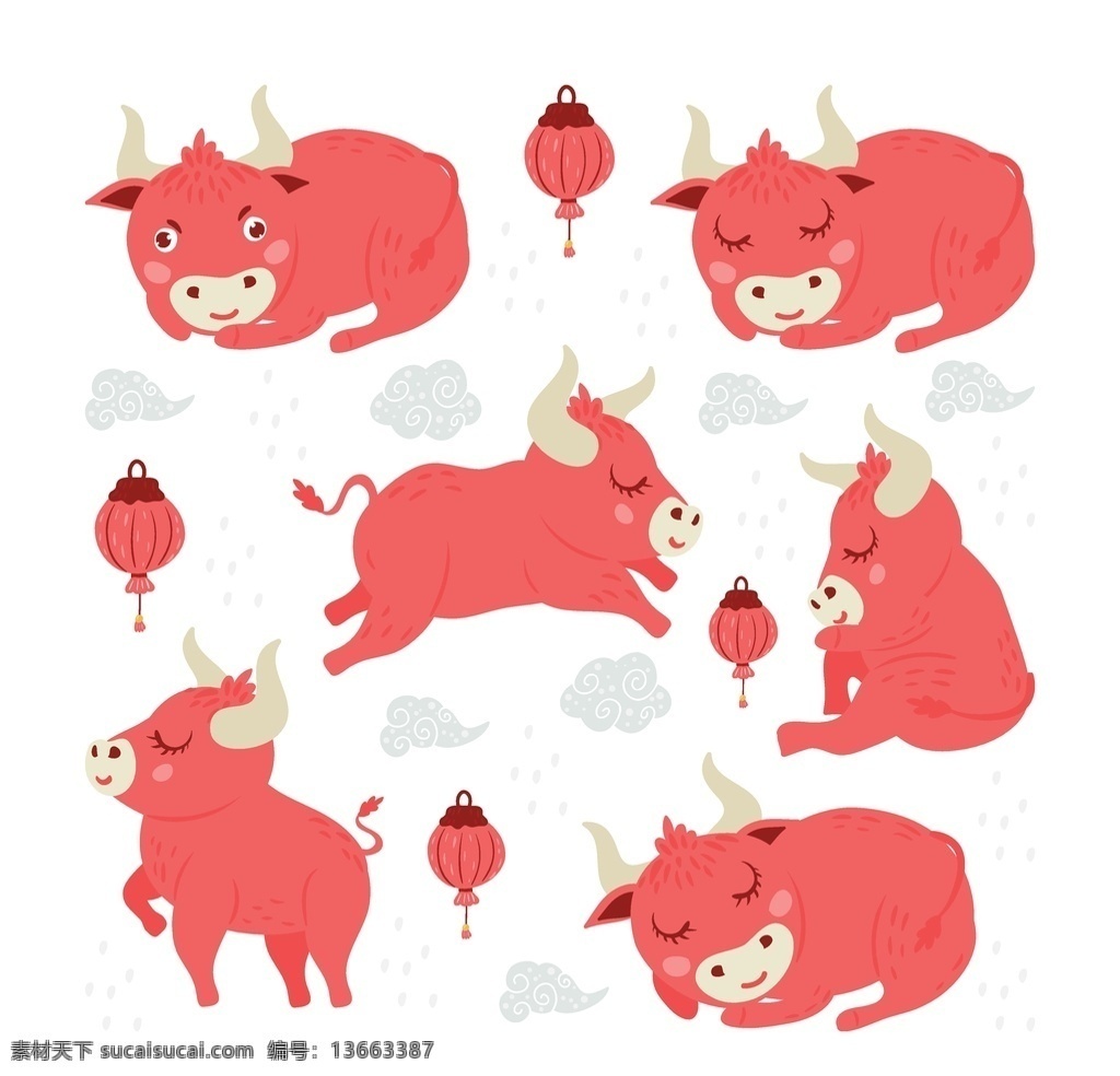 卡通牛插图 牛年元素图片 卡通牛 牛插图 牛年元素 新年元素 元旦元素 矢量集