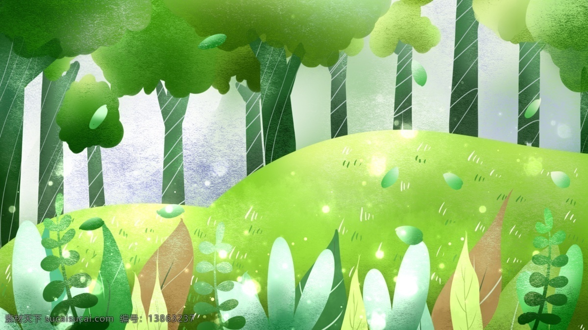 绿色 手绘 树林 春季 插画 背景 手绘背景 森系背景 树林背景 绿色背景 治愈系背景 插画背景
