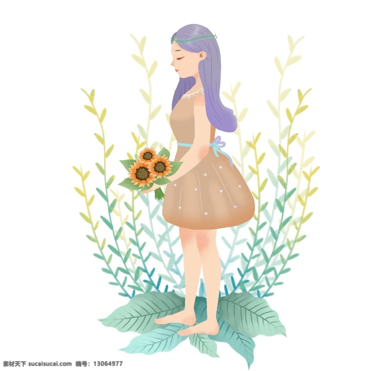 卡通 可爱 手 捧 花 手绘 女孩 人物 形象 手捧花 植物 花卉 儿童