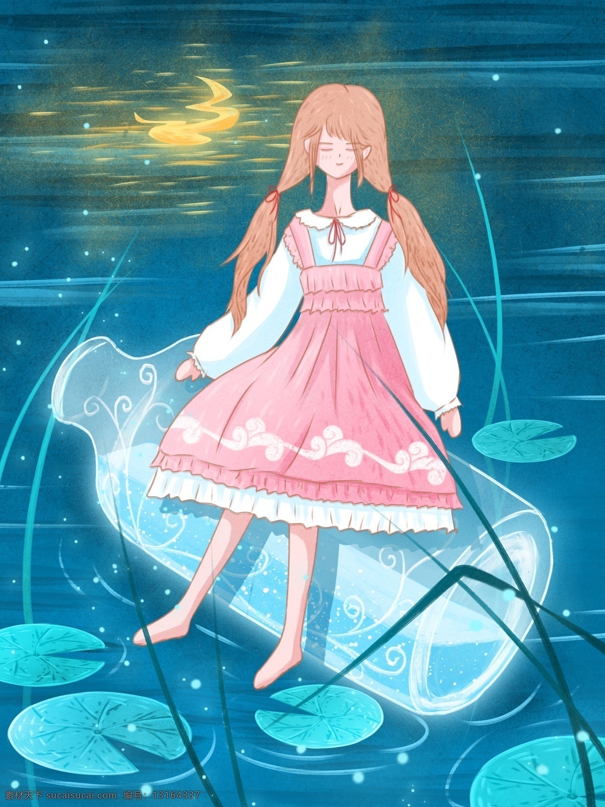 女孩 漂流 瓶 肌理 写实 插画 上 草 清新 壁纸 女孩与漂流瓶 漂流瓶 湖水 夜 月 浮萍 治愈