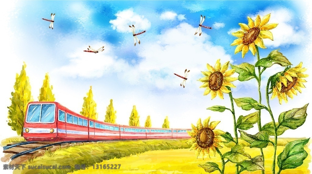手绘火车图 郊外火车 蓝天白云 向日葵 自然风光 卡通漫画 卡通插画 卡通人物 分层插画 分层psd 设计素材 卡通世界 psd源文件 动漫动画 动漫人物