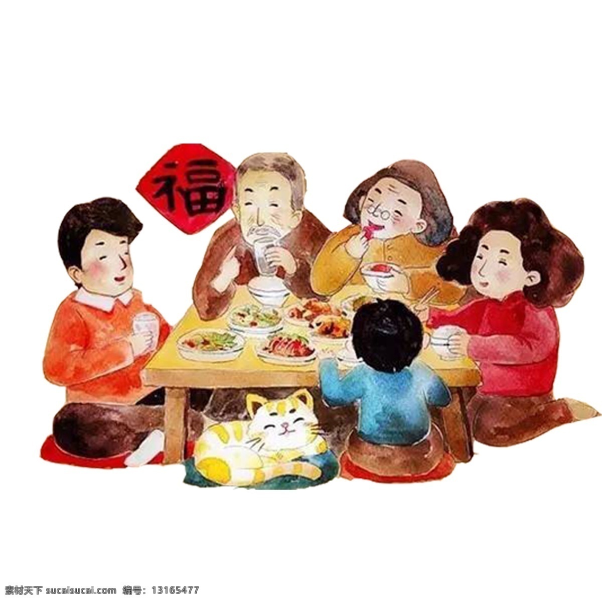 彩色 创意 团圆 一家人 元素 发型 可爱 桌子 美食 食物 吃的
