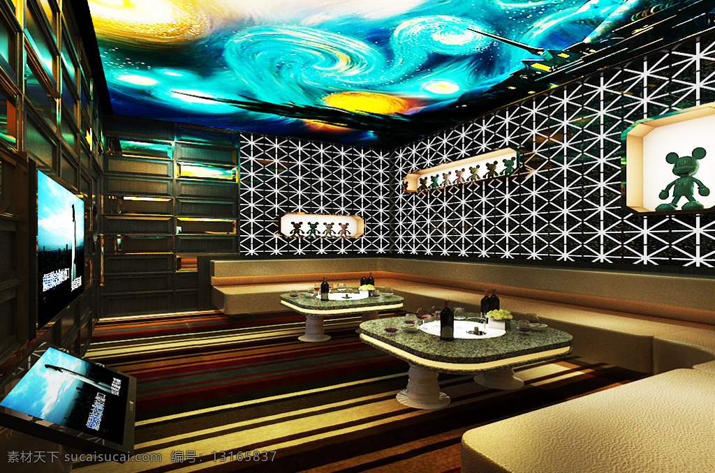 室内设计 3d 效果图 个性 创意 ktv 包间 ktv包间 豪华包间 黑白图案 喷绘 小熊玩偶 置物架