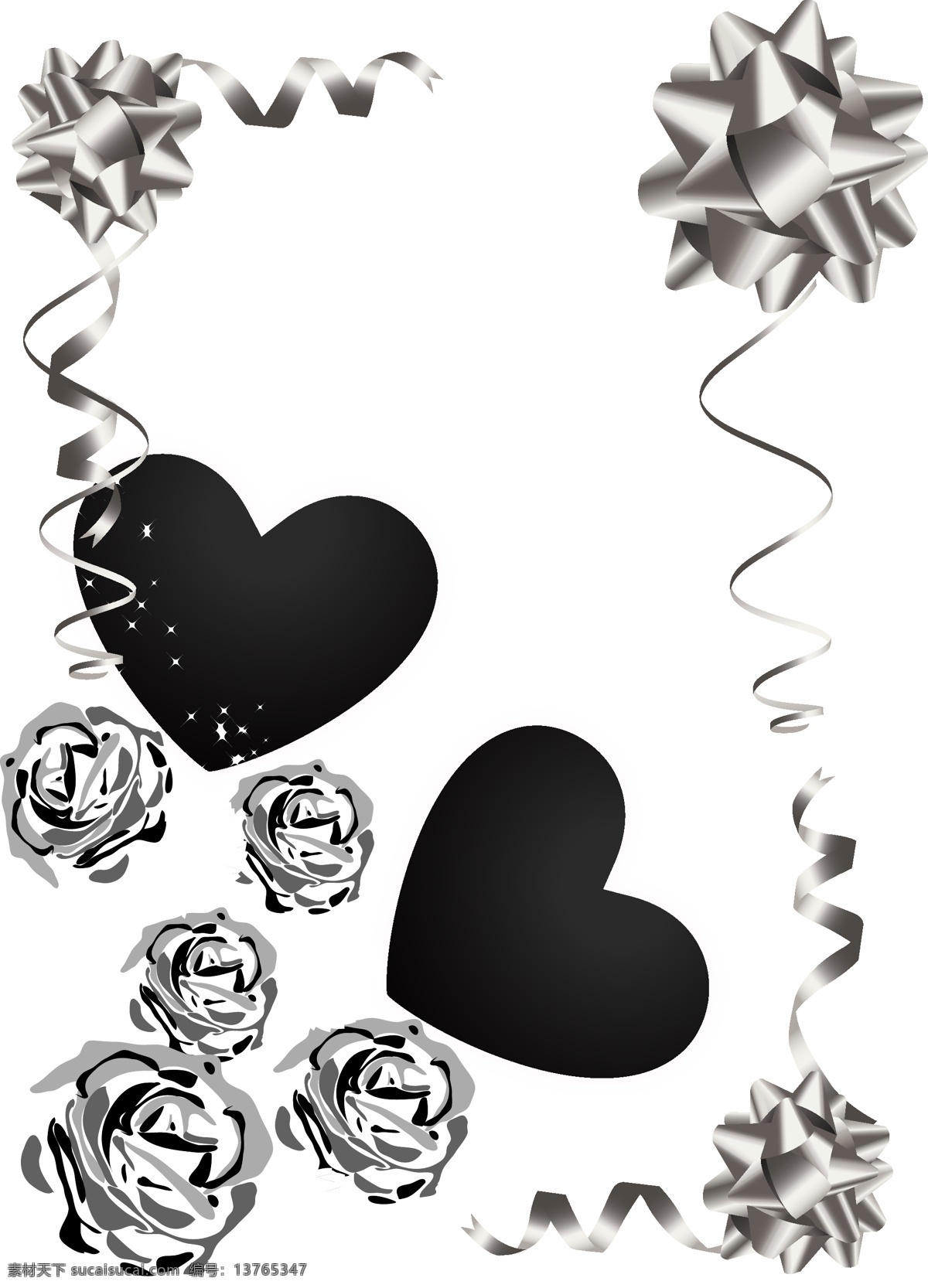 手绘 素描 心形 元素 黑白 黑色 花朵 花纹 矢量