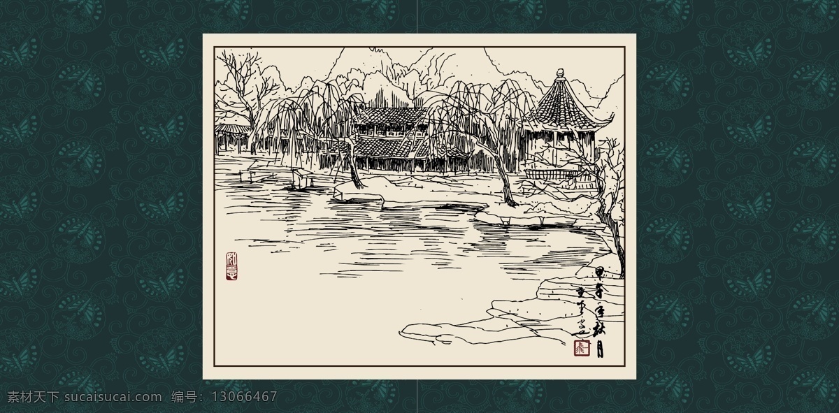 江南小镇 绘画 白描 线描 手绘 国画 轮廓 印章 书法 装裱 植物 工笔 写实 写生 毛笔画 白描建筑 文化艺术 绘画书法