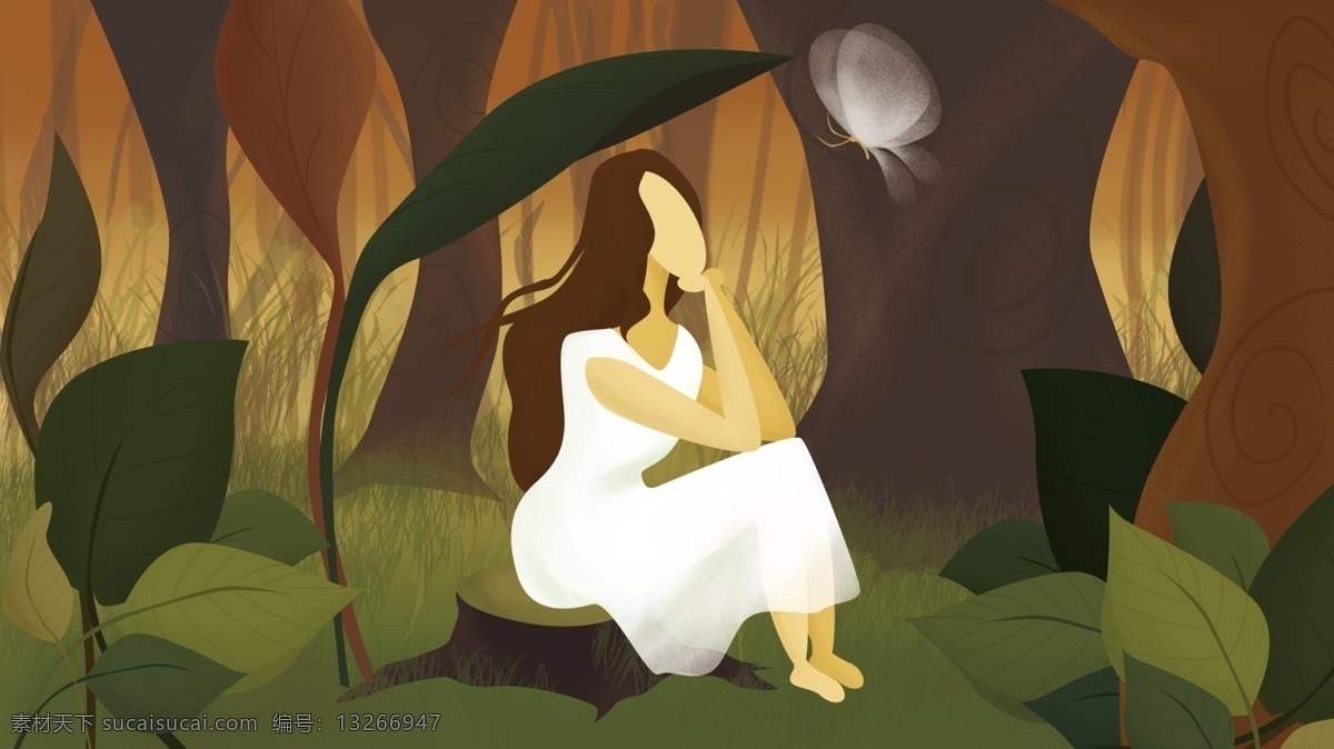 森林 中 仰望 蝴蝶 女孩 叶子 秋天 树 草丛 温暖 安静 大自然 白裙子 和谐