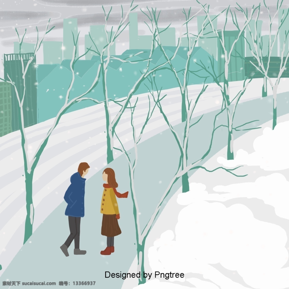 浪漫 情侣 见 插图 背景 冬天 一对 小 男孩 小女孩 城市 高速公路 积雪 树 落水 洞