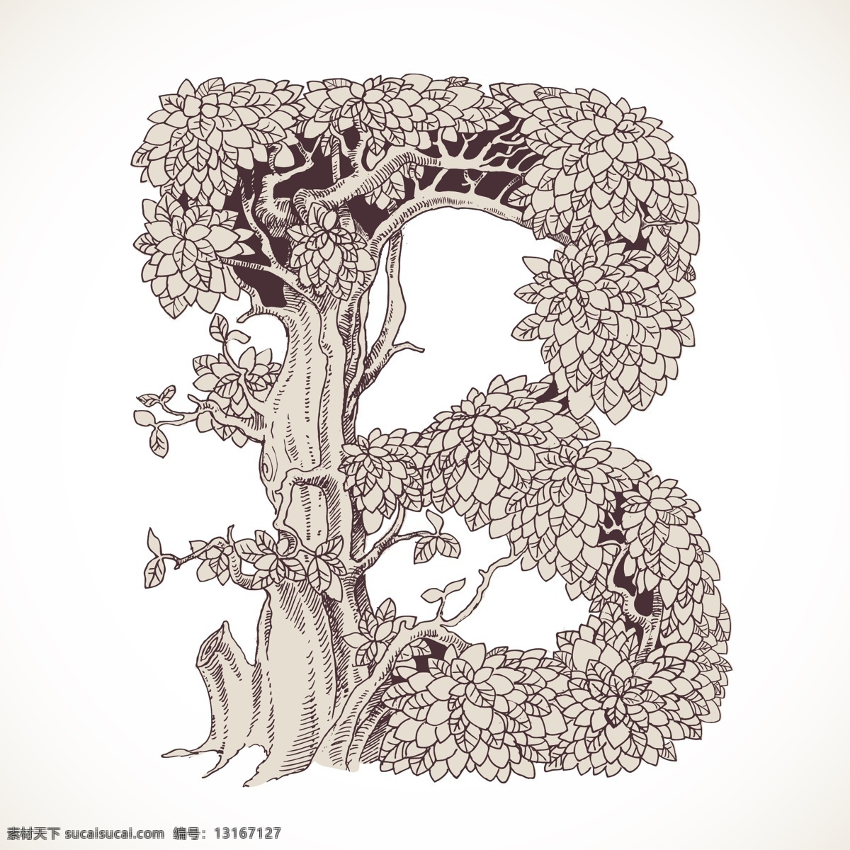 艺术 英文 字母 手绘 树 b 英文字母 艺术字 盆栽 手绘植物 手绘树 园丁 英文形状