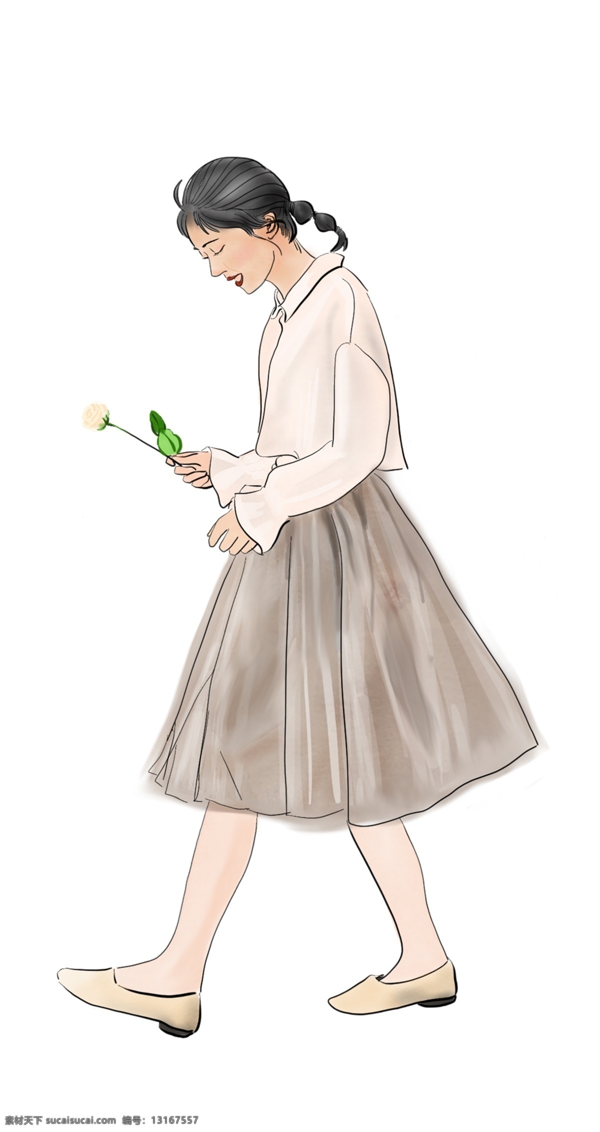 花 白衣 纱裙 少女 花朵 春季 小女 白衬衫 棕纱裙 手拿玫瑰花 出版物插画 配图 春意盎然 暖色