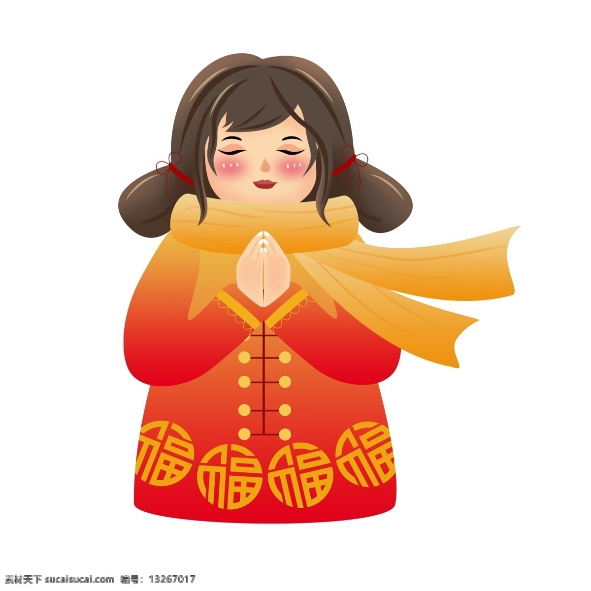 喜庆 过年 双手 合十 许愿 女孩 春节 新春 中国风 猪年 手绘 节日元素 女孩儿
