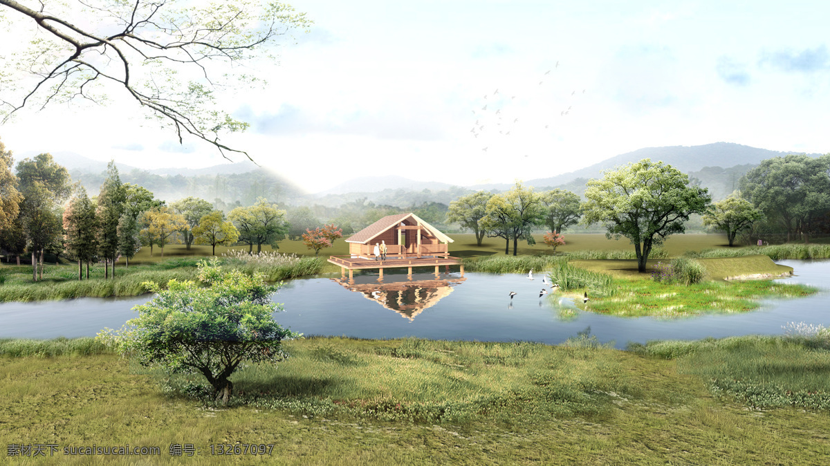 小木屋 滨水景观 湿地 山林 园林效果图 湖泊 水景 环境设计 景观设计