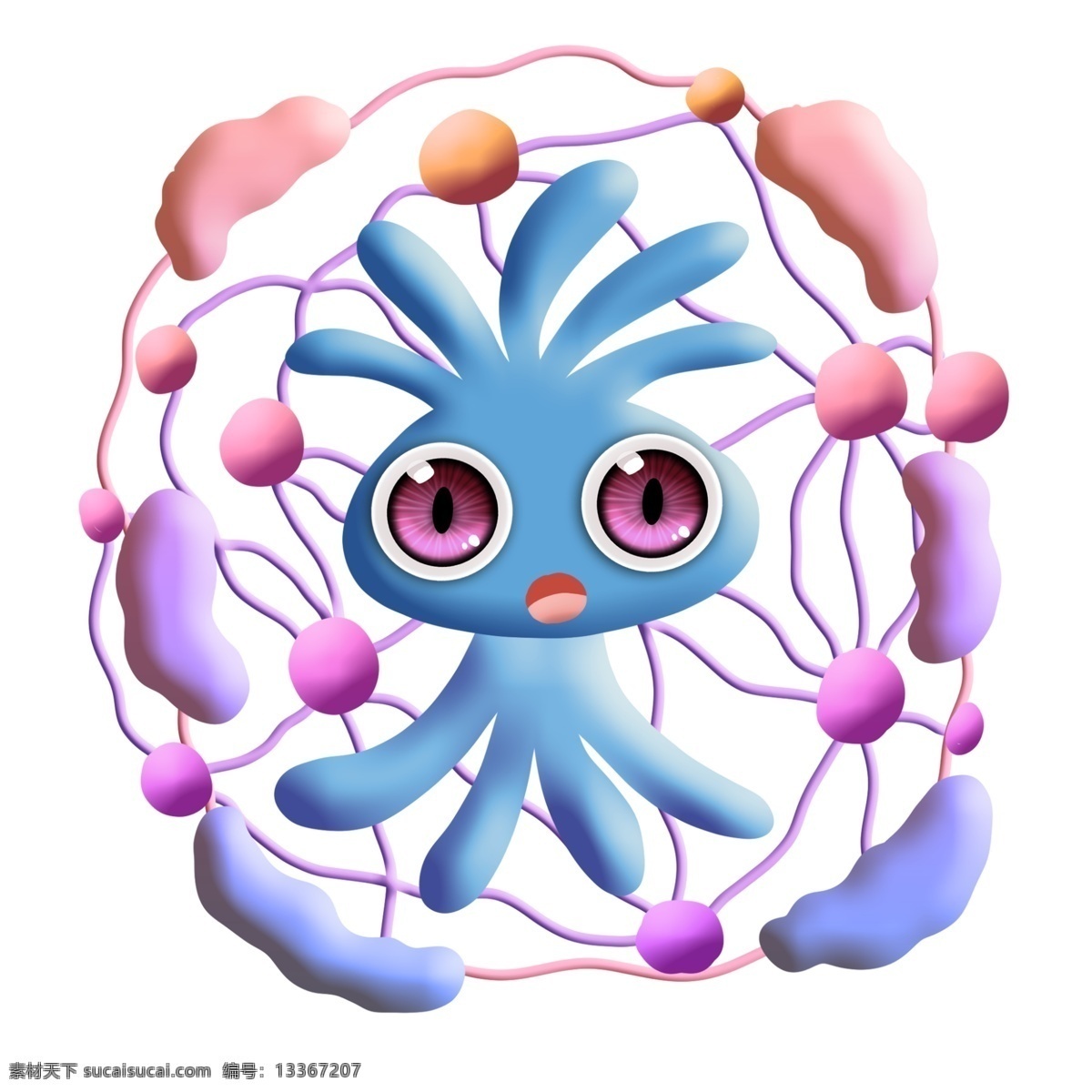 蓝色 触手 彩色 细菌 卡通 大眼睛 圆点 串连 杆菌 病毒 医学 生物 疾病 生病 菌体 菌状 细胞