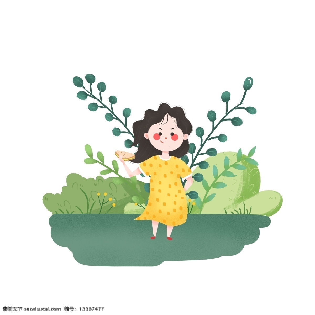 儿童 玩耍 吃喝 场景 小女孩 三明治 手绘 风 吃喝场景 手绘风 小清新 绿色 植物