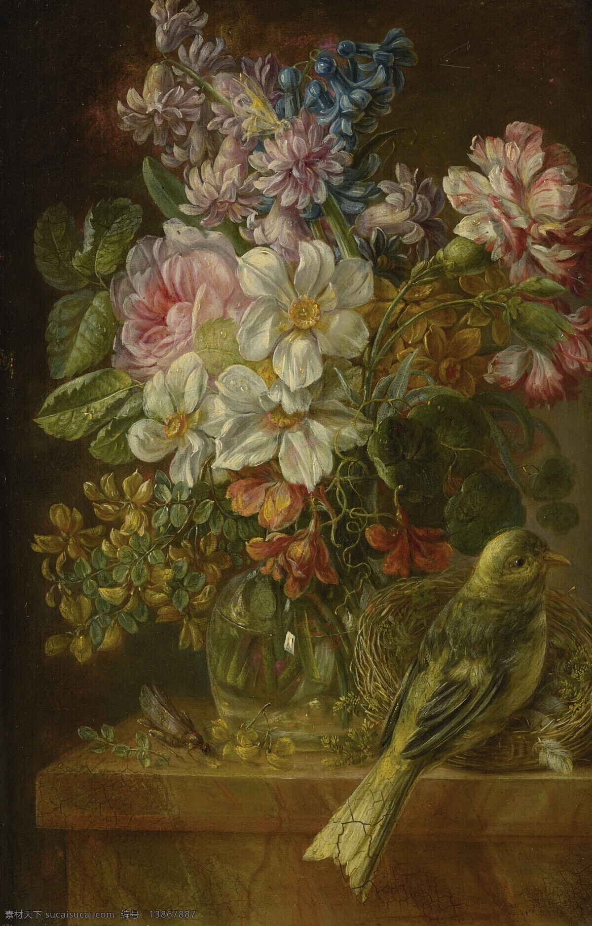 绘画书法 文化艺术 鲜花 小鸟 油画 静物 设计素材 模板下载 静物鲜花 停留 留恋 琉璃花瓶 19世纪油画 装饰素材