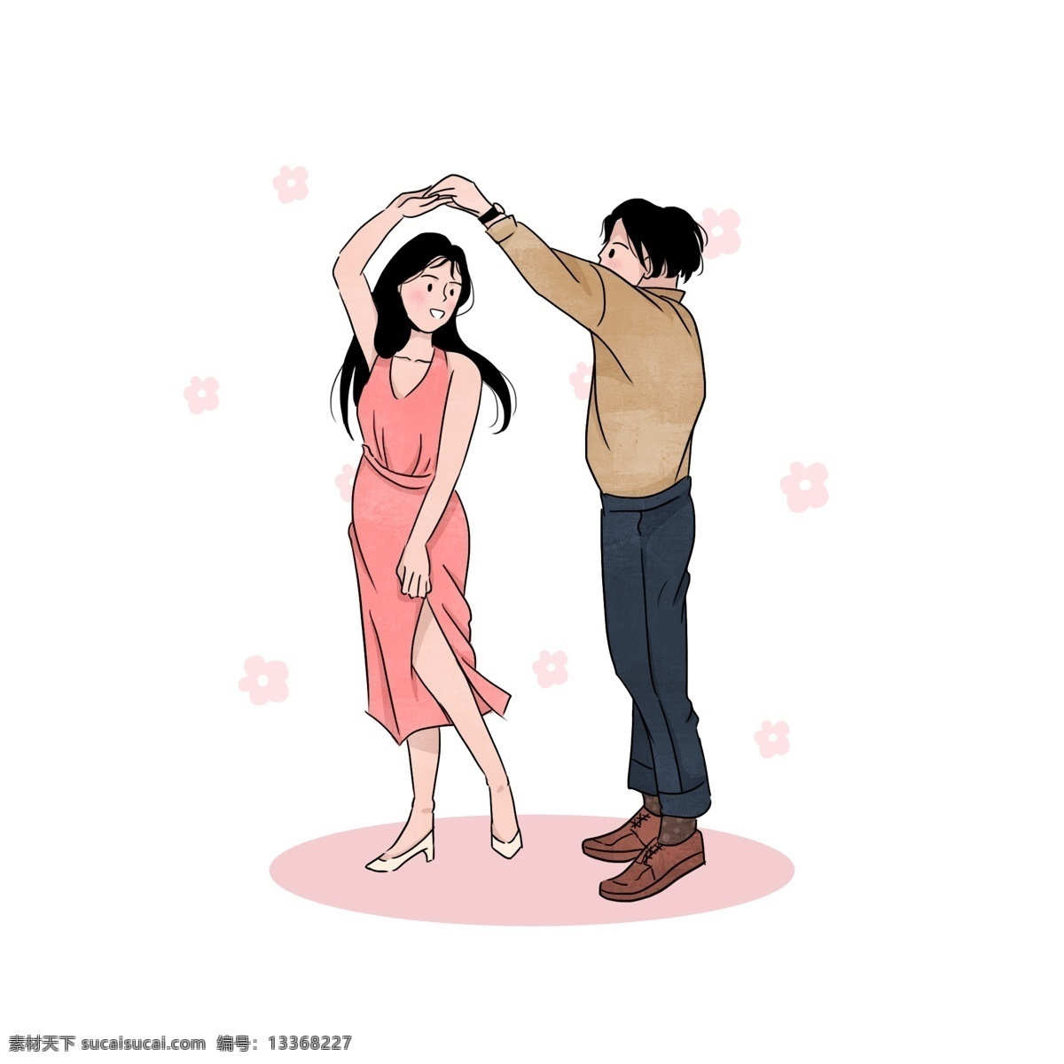 七夕节 一起 跳舞 情侣 元素 爱情 粉色 女孩 夫妻 浪漫 卡通 可爱 手绘风