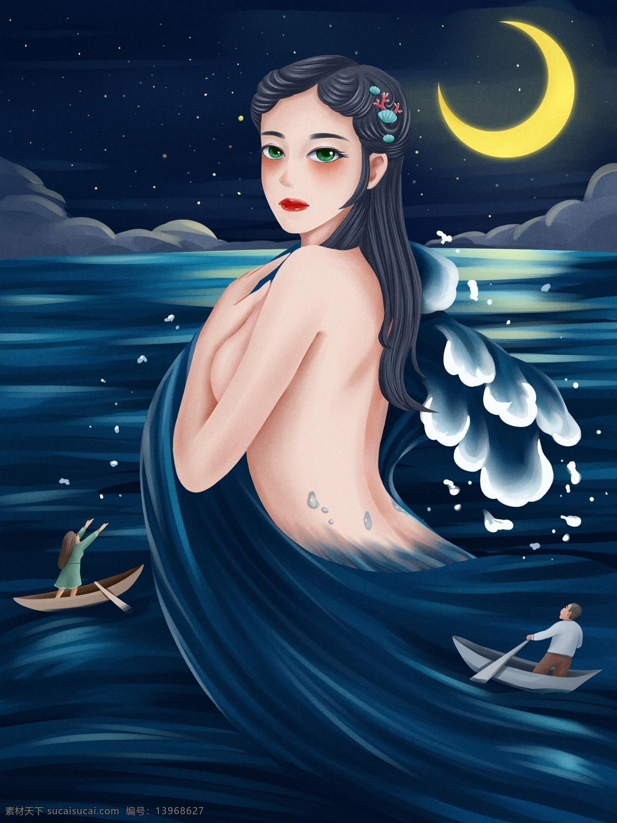 天地 灵海 之灵 气韵 女神 大海 海浪 唯美 插画 小清新 气韵女神 夜晚 夜空 自然 小船 治愈