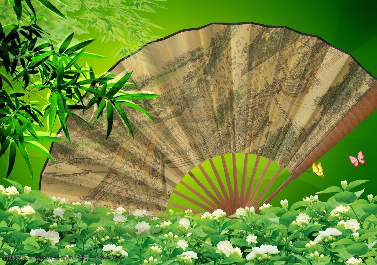 花 绿叶 茉莉花 字 时尚 底纹 春天 插图 花瓣 竹子 蝴蝶 扇子 分层