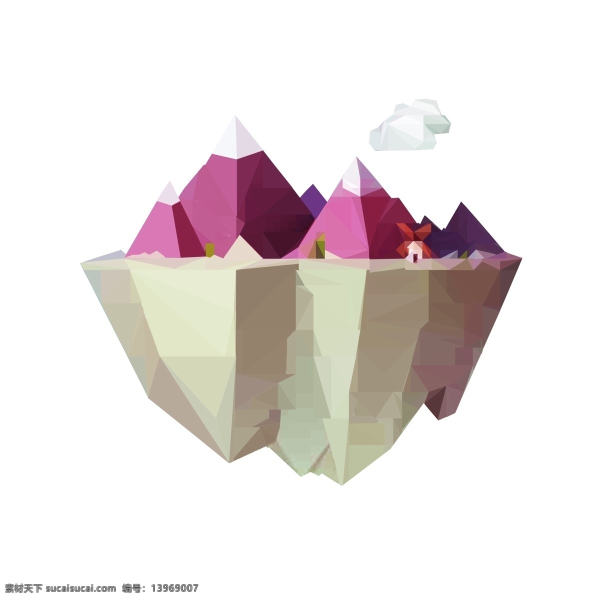 暖 色系 明亮 可爱 小岛 场景 lowpoly 风格 悬浮 暖色 红色山尖尖 风车房子 空中 洁白的云朵 色块拼接 创意独特 运用广泛