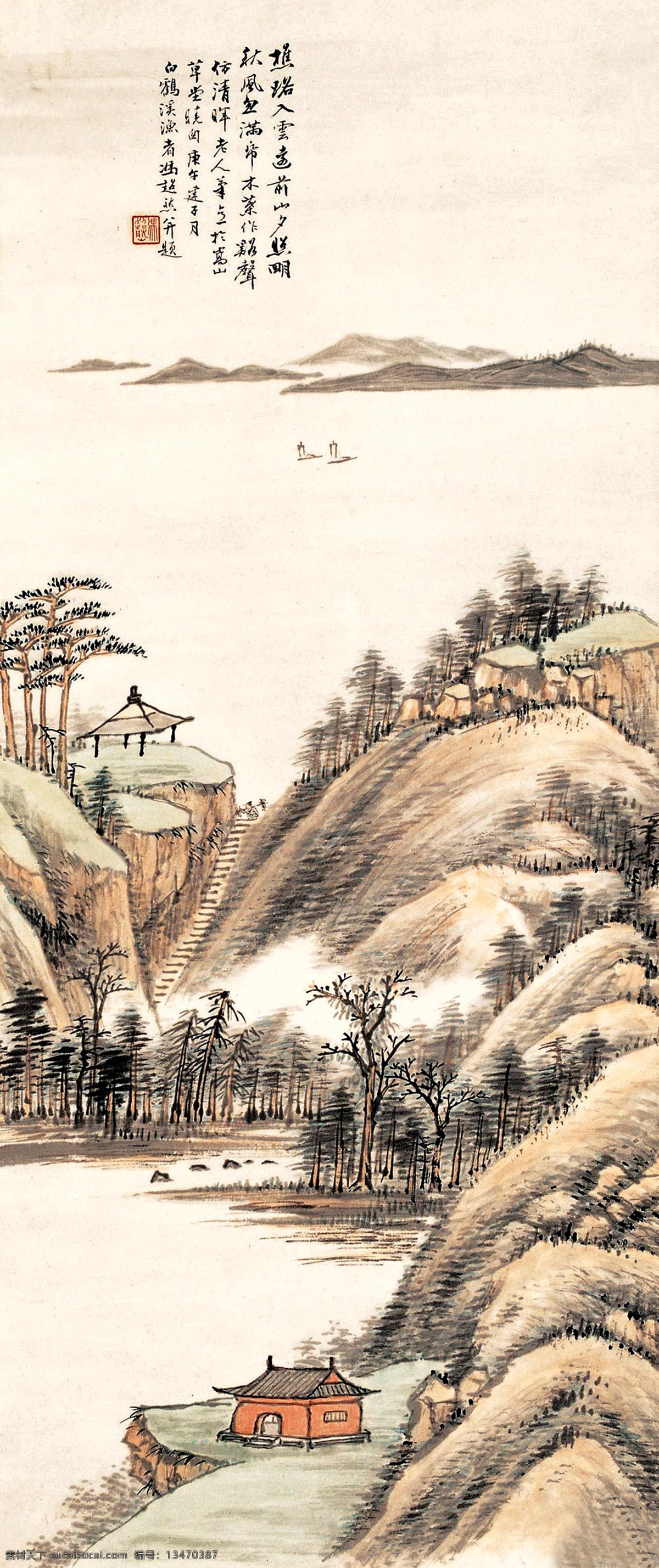 夕照明秋 近现代 山水画 精选 近代绘画 冯超然 国画 古画 书画 山水 文化艺术 绘画书法 设计图库