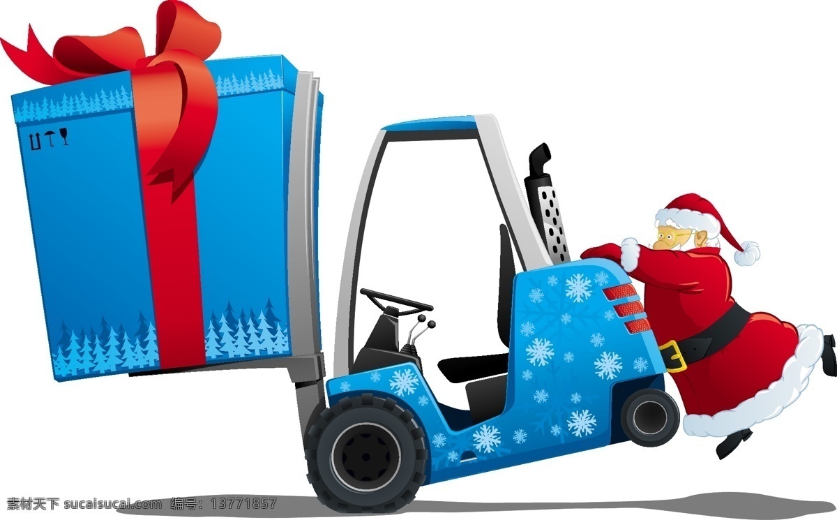 可爱 圣诞老人 叉车 卡车 礼盒 礼物 汽车 圣诞帽 矢量素材 丝带 雪花 运输 矢量图 其他矢量图
