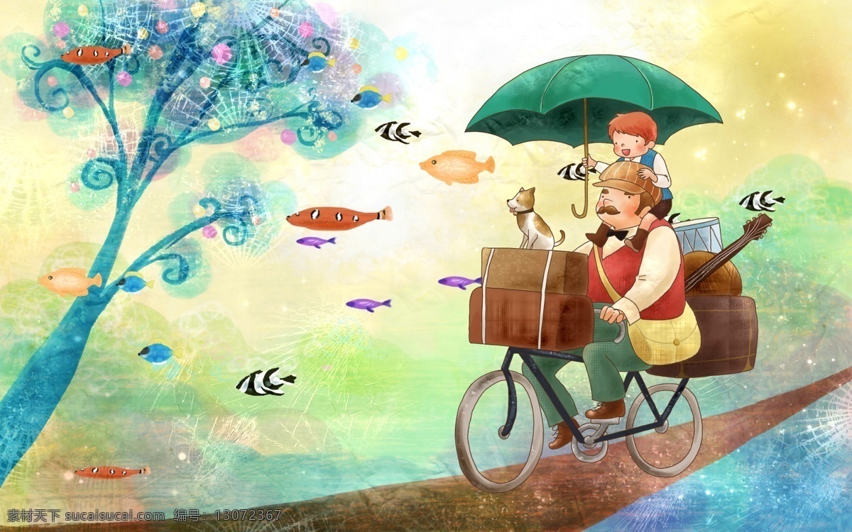 儿童画 梦 中 童年 psd分层 梦中的童年 雨伞 卡通人物 骑自行车 父与子 鱼 树 手绘 白色