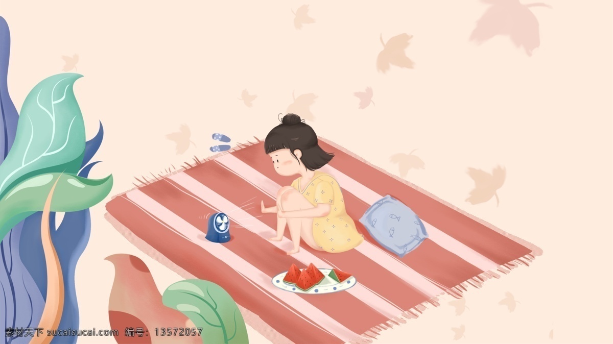 吃 西瓜 吹风 扇 女孩 夏天 插画 绿叶 壁纸 小女孩 小清新 吃西瓜 吹风扇 扁平风插画 可爱风插画 文章配图