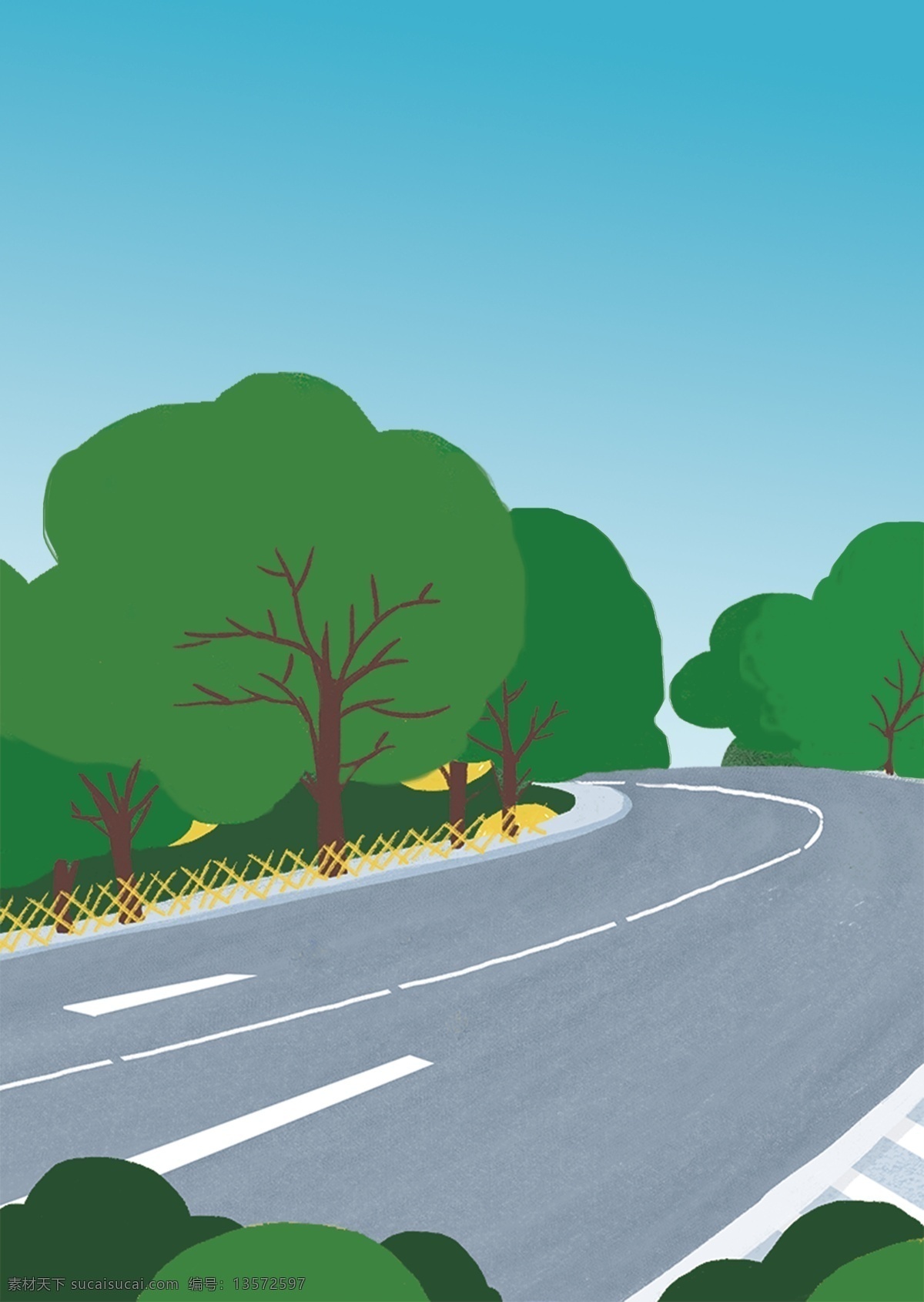 大气 简约 春天 公路 景色 插画 背景 治愈系背景 插画背景 植物背景 唯美 草地背景 绿地背景 蓝天白云 公路景色