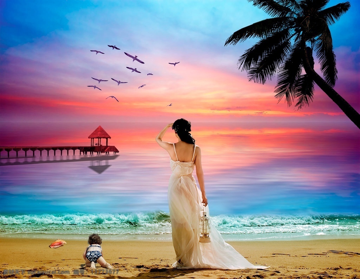眺望 请勿 转载 大海 海浪 海螺 海鸟 美女 爬行的小孩 沙滩 天空 晚霞 椰树 油灯 psd源文件