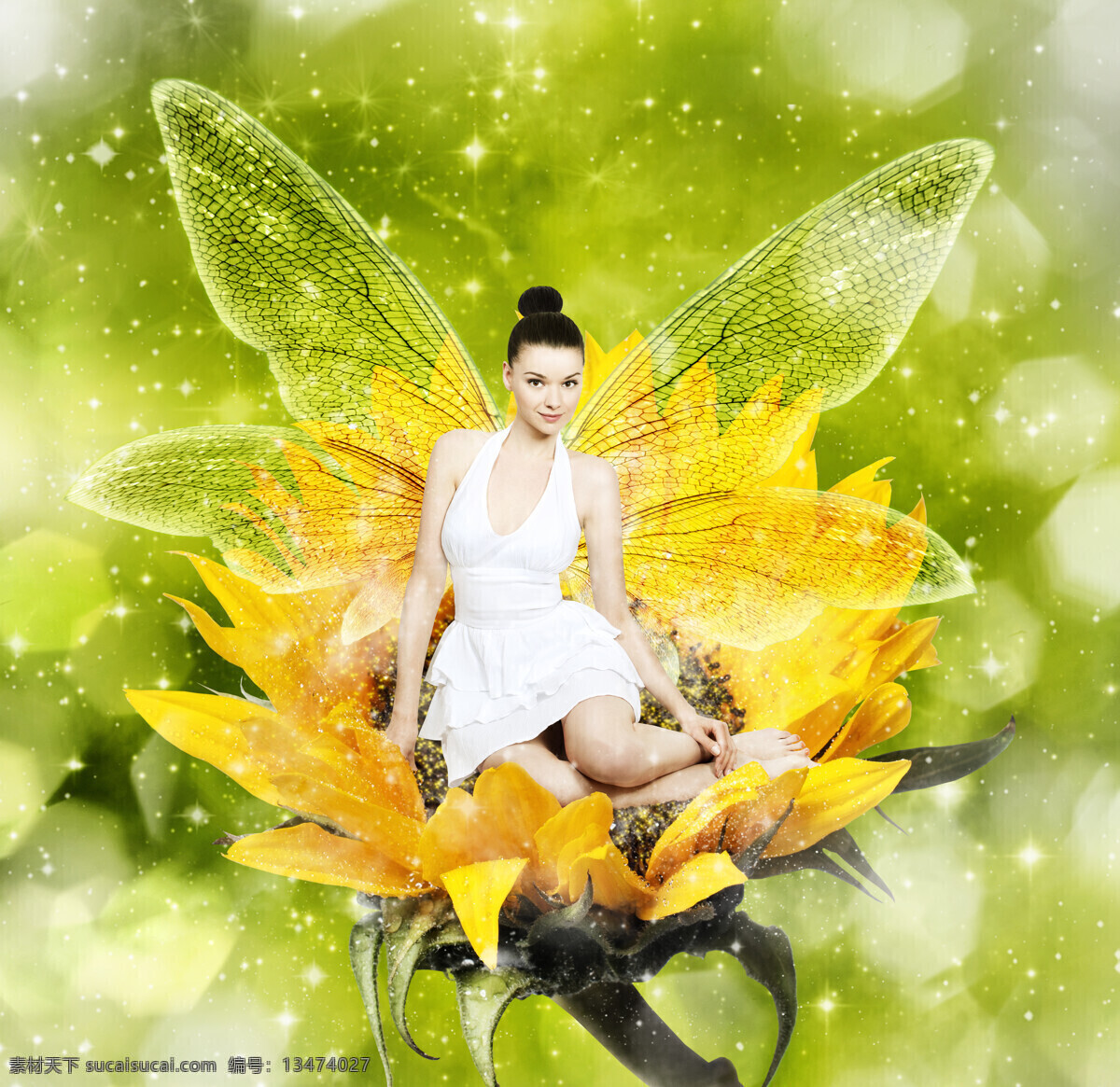 黄色 花朵 上 精灵 绿色 天使 美女图片 人物图片