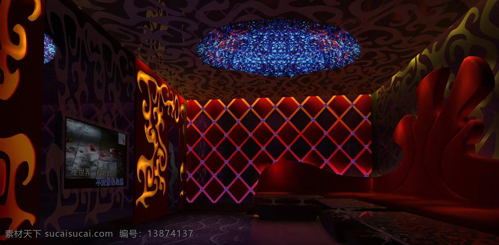 深红 大气 商业空间 包厢 效果图 现代 简约 室内设计 工装效果图 jpg图片 点唱机 沙发 吊灯