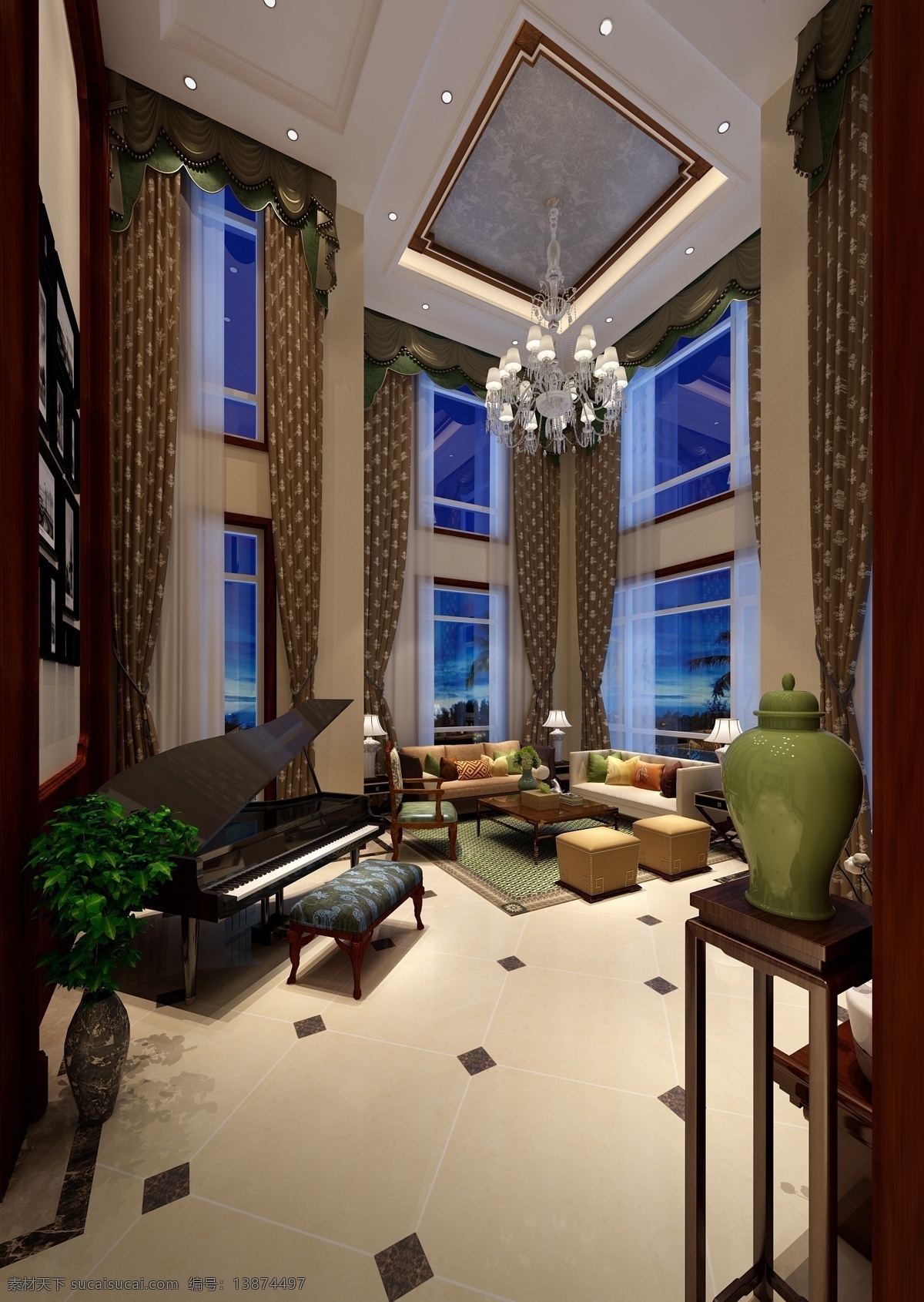 现代 时尚 风格 客厅 钢琴 室内装修 效果图 瓷砖地板 绿色花瓶 格子窗帘